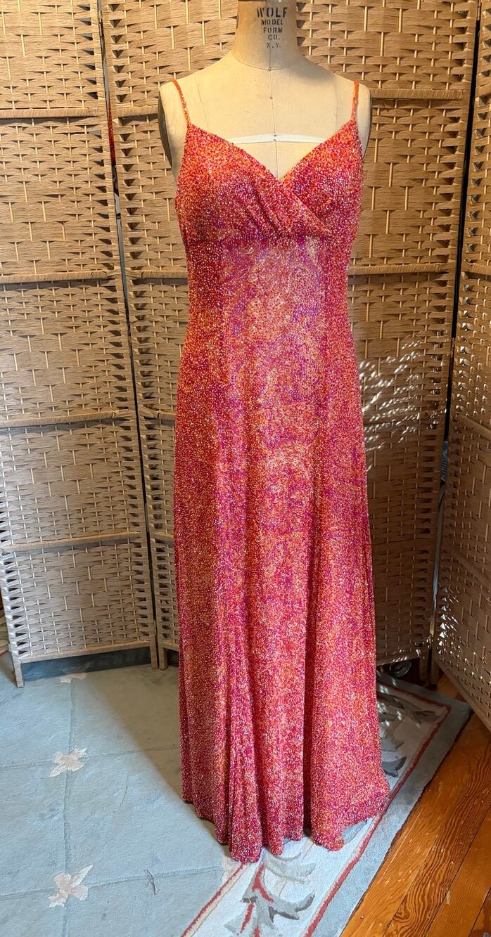 Jovani Y2K 100% Silk Beaded Evening Gown Size 10 Orange Pink Maxi